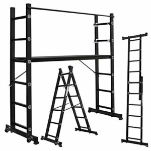 NAIZY Andamio de aluminio, escalera de trabajo, escalera plegable, soporta hasta 150 kg, revestimiento antideslizante, color negro